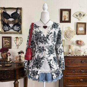 Girly dainty cottagecore coquette black and white floral toile print cardigan